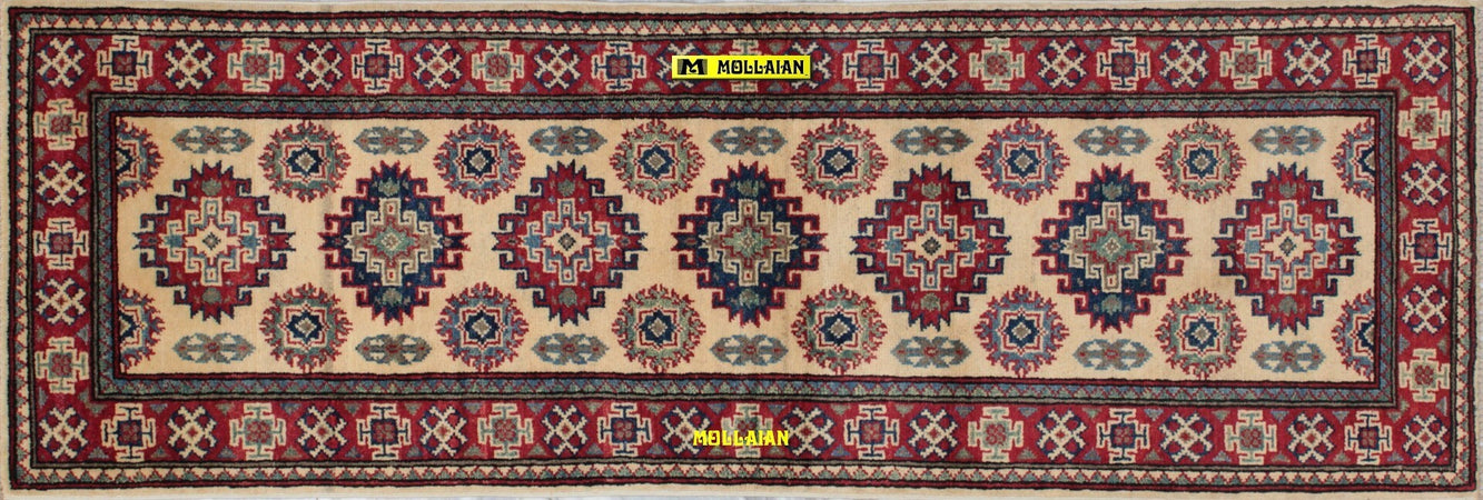 Tappeto Passatoia Uzbek Kazak 186x61 Cm Beige Arancione Rosso In Lane Pregiate Casa e cucina/Tessili per la casa/Tappeti e tappetini/Tappeti Runner Mollaian Tappeti - Lecce, Commerciovirtuoso.it
