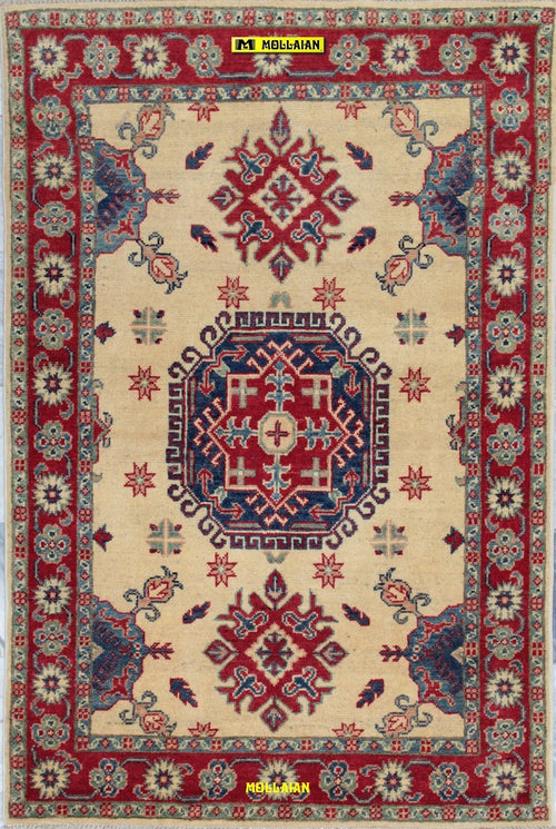 Tappeto Rettangolare Beige Avorio Rosso Uzbek Kazak 153x105cm Disegni Geometrici Caucasici Antichi E Frange Corte Casa e cucina/Tessili per la casa/Tappeti e tappetini/Tappeti Mollaian Tappeti - Lecce, Commerciovirtuoso.it