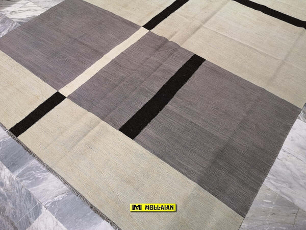 Tappeto Rettangolare Kilim Kaudani Melange 302x206cm Grigio In Lana, Colori Vegetali Melange, Disegno Moderno, Double Face Casa e cucina/Tessili per la casa/Tappeti e tappetini/Tappeti Mollaian Tappeti - Lecce, Commerciovirtuoso.it