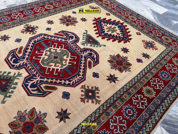Tappeto Rettangolare Uzbek Kazak 296x204cm Beige Arancione E Verde Tappeto Geometrico Orientale Originale Casa e cucina/Tessili per la casa/Tappeti e tappetini/Tappeti Mollaian Tappeti - Lecce, Commerciovirtuoso.it