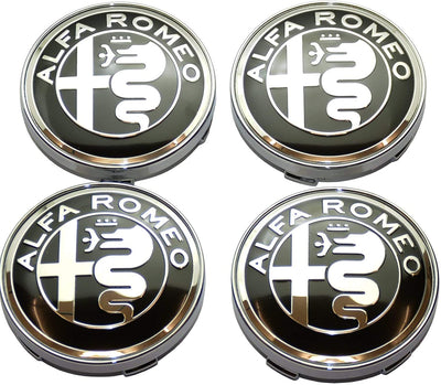 4 Tappi mozzo ALFA ROMEO Cerchi in Lega Coprimozzo da 60mm Borchie NERO BORDO CROMATO