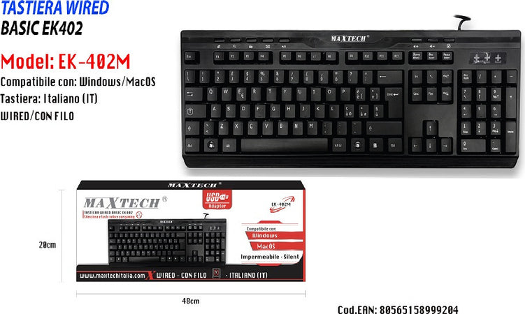 Tastiera Con Filo Usb 2.0 Confort Impermeabile Silenzioso Windows Macos Maxtech Ek-402m Informatica e Videogiochi > Accessori PC > Mouse e Tastiere PC Trade Shop italia - Napoli, Commerciovirtuoso.it