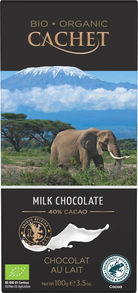 Tavoletta di Cioccolato Belga Biologico Cachet al Latte (40% di cacao solido) 100g , Rainforest Alliance Certified.