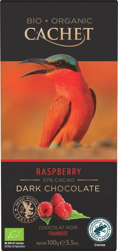 Tavolette di Cioccolato Belga Bio Cachet Fondente 57% Lamponi 100g, Rainforest Alliance Certified