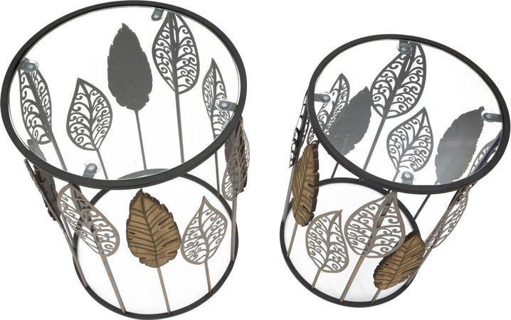 Tavolinetti-coppia-in-metallo-e-legno-con-foglie-ripiano-in-vetro-per-interni-set-da-2