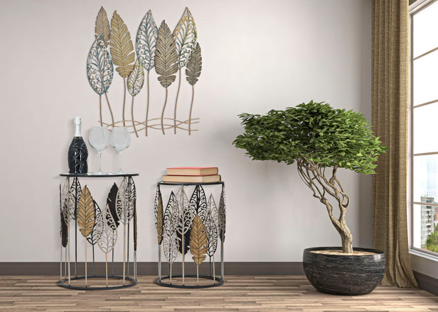 Tavolinetti-coppia-in-metallo-e-legno-con-foglie-ripiano-in-vetro-per-interni-set-da-2