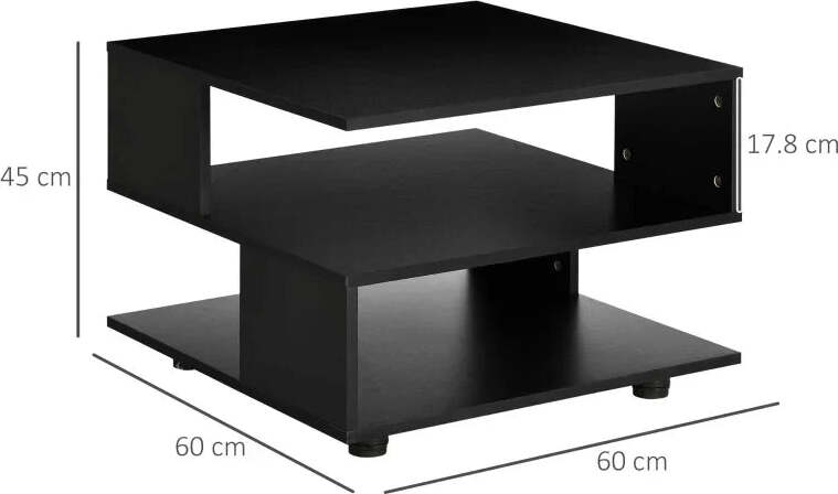 Tavolino-da-Caffè-Asimmetrico-in-Legno-con-Ripiani-e-Piedini-Regolabili,-60x60x45cm,-Nero-GY4839-248BKGY4