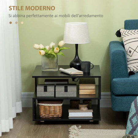Tavolino-da-Caffè-Asimmetrico-in-Legno-con-Ripiani-e-Piedini-Regolabili,-60x60x45cm,-Nero-GY4839-248BKGY4