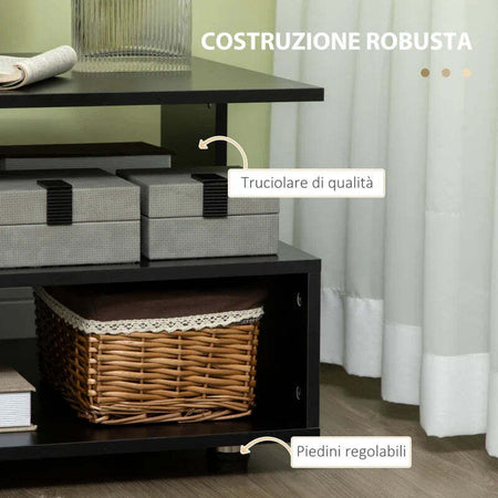 Tavolino-da-Caffè-Asimmetrico-in-Legno-con-Ripiani-e-Piedini-Regolabili,-60x60x45cm,-Nero-GY4839-248BKGY4