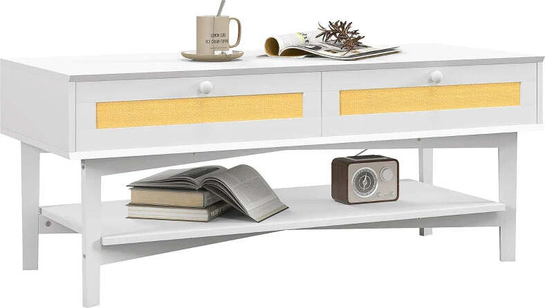 Tavolino-da-Caffè-Boho-con-2-Cassetti-e-Ripiano,-in-Rattan-e-Truciolato,-120x50x50-cm,-Bianco-e-color-Legno-XF6839-931V01WTXF6