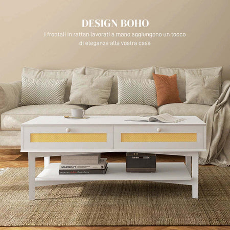 Tavolino-da-Caffè-Boho-con-2-Cassetti-e-Ripiano,-in-Rattan-e-Truciolato,-120x50x50-cm,-Bianco-e-color-Legno-XF6839-931V01WTXF6