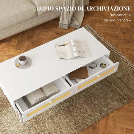Tavolino-da-Caffè-Boho-con-2-Cassetti-e-Ripiano,-in-Rattan-e-Truciolato,-120x50x50-cm,-Bianco-e-color-Legno-XF6839-931V01WTXF6