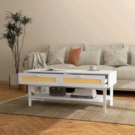 Tavolino-da-Caffè-Boho-con-2-Cassetti-e-Ripiano,-in-Rattan-e-Truciolato,-120x50x50-cm,-Bianco-e-color-Legno-XF6839-931V01WTXF6