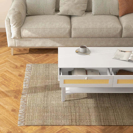 Tavolino-da-Caffè-Boho-con-2-Cassetti-e-Ripiano,-in-Rattan-e-Truciolato,-120x50x50-cm,-Bianco-e-color-Legno-XF6839-931V01WTXF6