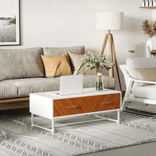 Tavolino-da-Caffè-con-2-Cassetti-e-Vano-Aperto-in-Legno-e-Metallo,-100x50x40cm,-Bianco-e-Marrone-ST4839-251ST4