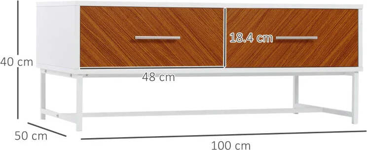 Tavolino-da-Caffè-con-2-Cassetti-e-Vano-Aperto-in-Legno-e-Metallo,-100x50x40cm,-Bianco-e-Marrone-ST4839-251ST4