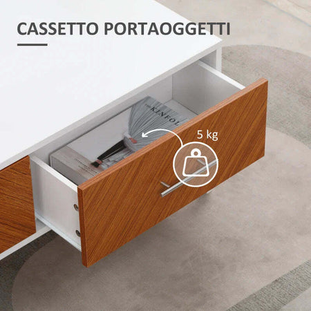 Tavolino-da-Caffè-con-2-Cassetti-e-Vano-Aperto-in-Legno-e-Metallo,-100x50x40cm,-Bianco-e-Marrone-ST4839-251ST4