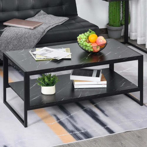 Tavolino-da-Caffè-Nero-Effetto-Marmo-con-Ripiano-Inferiore,-per-Soggiorno-o-Ufficio,-106x50x45cm-FT2833-821BK