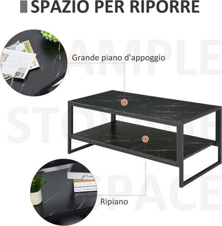 Tavolino-da-Caffè-Nero-Effetto-Marmo-con-Ripiano-Inferiore,-per-Soggiorno-o-Ufficio,-106x50x45cm-FT2833-821BK