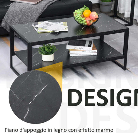 Tavolino-da-Caffè-Nero-Effetto-Marmo-con-Ripiano-Inferiore,-per-Soggiorno-o-Ufficio,-106x50x45cm-FT2833-821BK