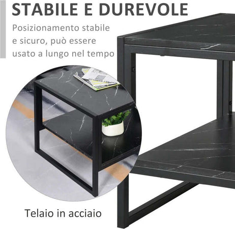 Tavolino-da-Caffè-Nero-Effetto-Marmo-con-Ripiano-Inferiore,-per-Soggiorno-o-Ufficio,-106x50x45cm-FT2833-821BK