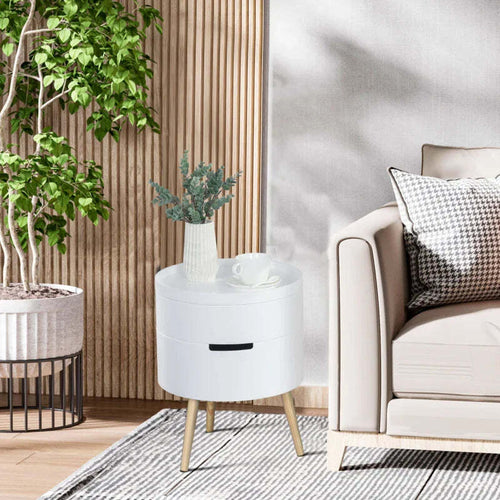 Tavolino-da-Caffè-Rotondo,-3-Elementi-con-Apertura-a-Rotazione,-Vassoio-Rimovibile,-in-Legno-Bianco,-Φ38-x-48.3cm-VT9833-874VT9
