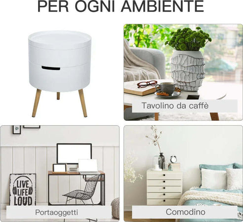 Tavolino-da-Caffè-Rotondo,-3-Elementi-con-Apertura-a-Rotazione,-Vassoio-Rimovibile,-in-Legno-Bianco,-Φ38-x-48.3cm-VT9833-874VT9