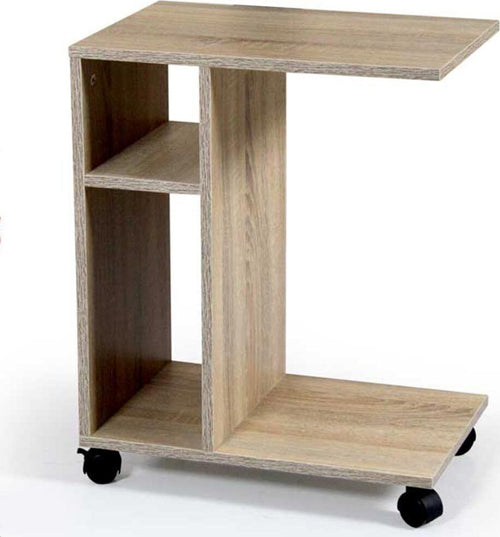 Tavolino-da-Caffe-Porta-Pc-Laterale-Divano-Letto-con-Libreria-e-Ruote-Quercia