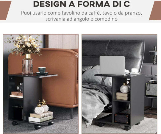 Tavolino-da-Salotto-a-C-con-2-Ripiani-Aperti-e-4-Ruote-Girevoli,-45x35x58-cm,-Nero-FG6833-779BKFG6
