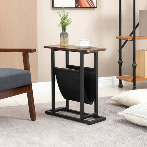 Tavolino-da-Salotto-in-Truciolato-e-Acciaio-con-Borsa-Portaoggetti-in-Tessuto-Oxford,-49x19x55-cm,-Marrone-e-Nero-JE6839-609V00DRJE6