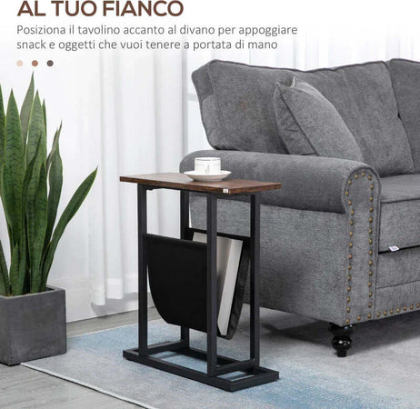 Tavolino-da-Salotto-in-Truciolato-e-Acciaio-con-Borsa-Portaoggetti-in-Tessuto-Oxford,-49x19x55-cm,-Marrone-e-Nero-JE6839-609V00DRJE6