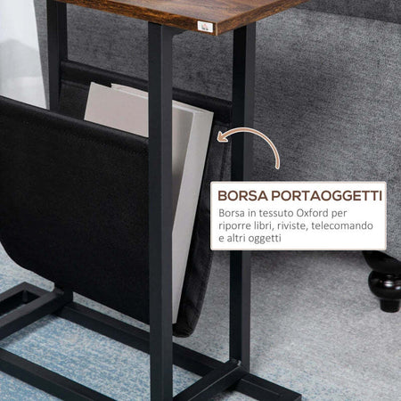Tavolino-da-Salotto-in-Truciolato-e-Acciaio-con-Borsa-Portaoggetti-in-Tessuto-Oxford,-49x19x55-cm,-Marrone-e-Nero-JE6839-609V00DRJE6