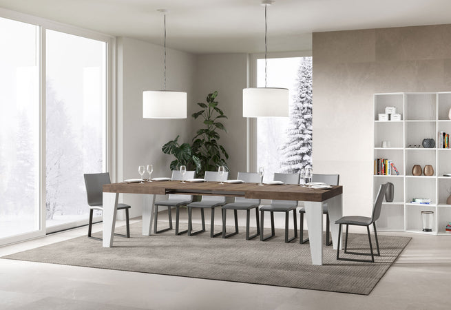 Tavolo-allungabile-90x180/284-cm-Naxy-Mix-piano-Bianco-Frassino---gambe-Noce-Itamoby