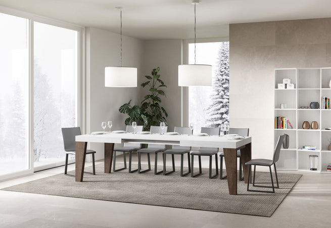 Tavolo-allungabile-90x180/284-cm-Naxy-Mix-piano-Bianco-Frassino---gambe-Noce-Itamoby