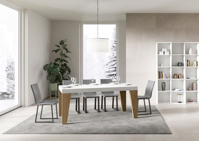 Tavolo-allungabile-90x180/284-cm-Naxy-Mix-piano-Bianco-Frassino---gambe-Noce-Itamoby
