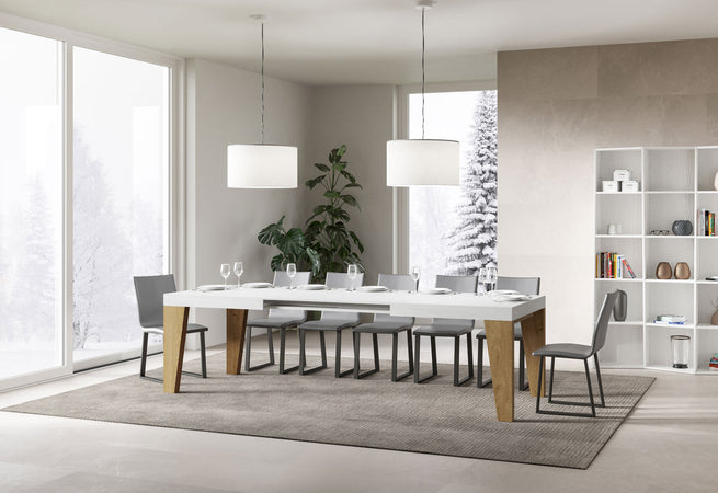 Tavolo-allungabile-90x180/284-cm-Naxy-Mix-piano-Bianco-Frassino---gambe-Noce-Itamoby