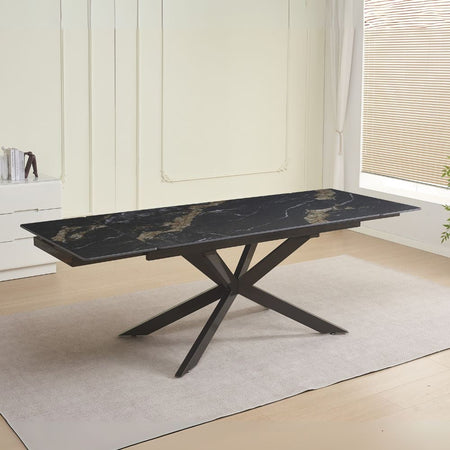 Tavolo allungabile Roxane con piano in ceramica effetto marmo arabesque nero C202 opaco e gambe in metallo nero