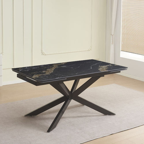 Tavolo allungabile Roxane con piano in ceramica effetto marmo arabesque nero C202 opaco e gambe in metallo nero