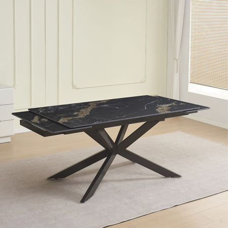 Tavolo allungabile Roxane con piano in ceramica effetto marmo arabesque nero C202 opaco e gambe in metallo nero