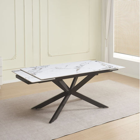 Tavolo allungabile Roxane con piano in ceramica effetto marmo bianco M346 lucido e gambe in metallo nero