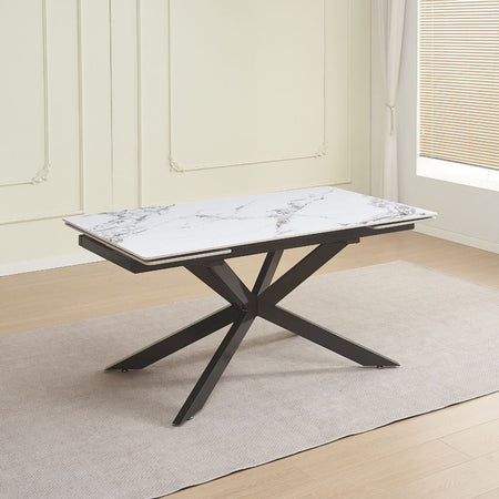 Tavolo allungabile Roxane con piano in ceramica effetto marmo bianco M346 lucido e gambe in metallo nero