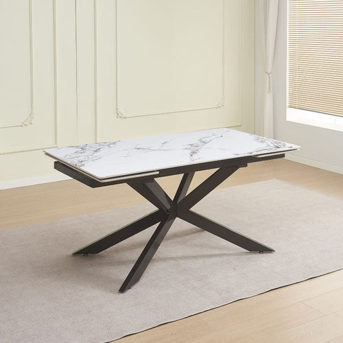 Tavolo allungabile Roxane con piano in ceramica effetto marmo bianco M346 lucido e gambe in metallo nero
