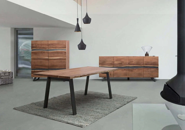 Tavolo Aron rettangolare, con gambe in acciaio, piano in legno di acacia, stile moderno Casa e cucina/Arredamento/Sala da pranzo/Tavoli da sala da pranzo Decor Space - Altamura, Commerciovirtuoso.it