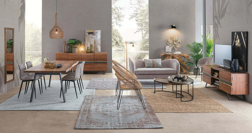 Tavolo Aron rettangolare, con gambe in acciaio, piano in legno di acacia, stile moderno Casa e cucina/Arredamento/Sala da pranzo/Tavoli da sala da pranzo Decor Space - Altamura, Commerciovirtuoso.it