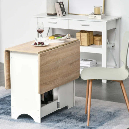 Tavolo-Consolle-a-Ribalta-con-Vano-Mensola,-Tavolino-da-Salotto-e-Cucina-Pieghevole-Salvaspazio,-Color-Legno-e-Bianco,-118x80x72cm-YT6835-339YT6
