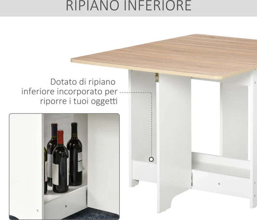 Tavolo-Consolle-a-Ribalta-con-Vano-Mensola,-Tavolino-da-Salotto-e-Cucina-Pieghevole-Salvaspazio,-Color-Legno-e-Bianco,-118x80x72cm-YT6835-339YT6
