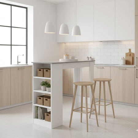 Tavolo consolle alta Kivo con 3 ripiani laterali colore bianco e cemento