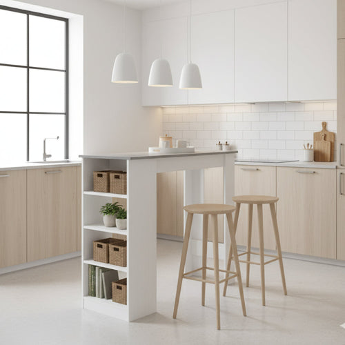 Tavolo consolle alta Kivo con 3 ripiani laterali colore bianco e cemento