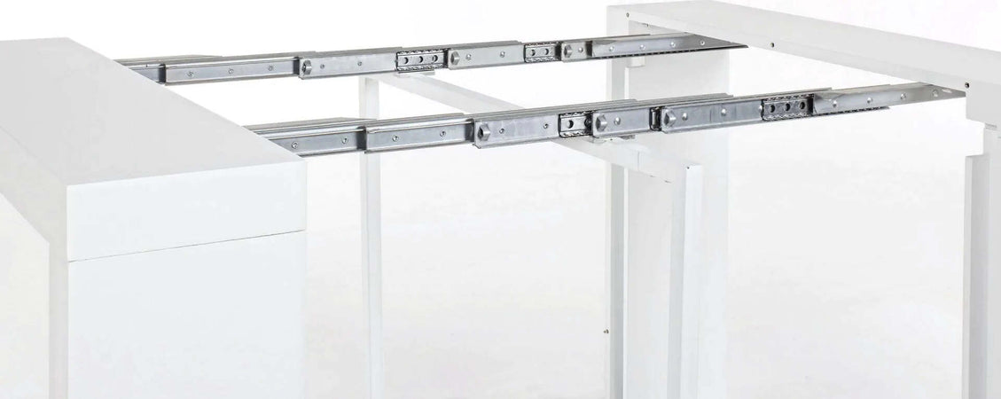 Tavolo consolle Daniel bianco con supporto centrale in acciaio, sistema telescopico di allungamento Casa e cucina/Arredamento/Sala da pranzo/Tavoli da sala da pranzo Decor Space - Altamura, Commerciovirtuoso.it