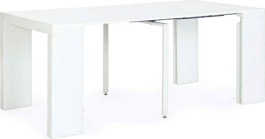 Tavolo consolle Daniel bianco con supporto centrale in acciaio, sistema telescopico di allungamento Casa e cucina/Arredamento/Sala da pranzo/Tavoli da sala da pranzo Decor Space - Altamura, Commerciovirtuoso.it